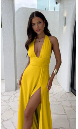 Sexy Halterneck Slit Dress Yellow
