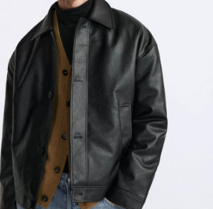 Men's Faux Leather Square Jacket Black Quilted