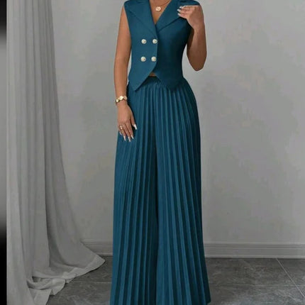Lapel Button Vest Top And Pleated Pants set Green
