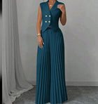 Lapel Button Vest Top And Pleated Pants set Green