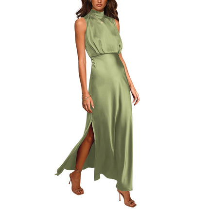Women's Satin Stand Collar Sleeveless Maxi Dress | 7 Colours Light Green
