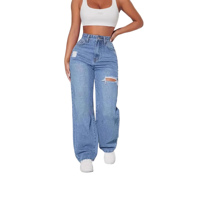 Ladies Washed Hole Denim Trousers
