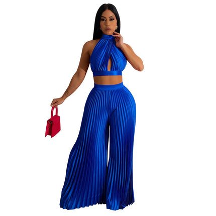 Women's Halter Silk-like Pleated Wide-leg Pants Two-piece Set Navy Blue
