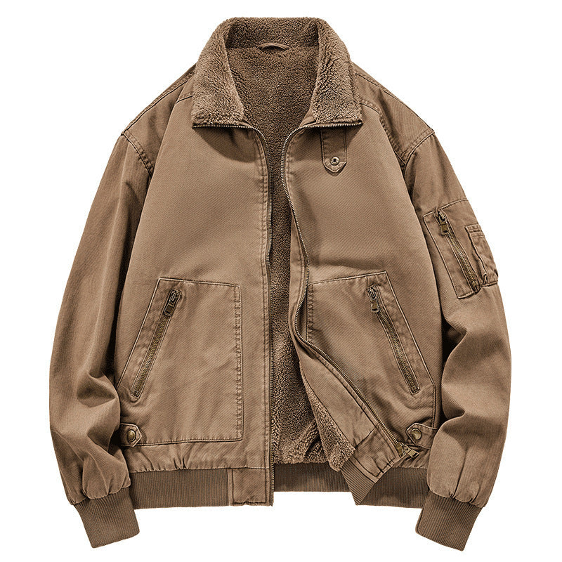 Men's Fleece-lined Washed Cotton Jacket Khaki H