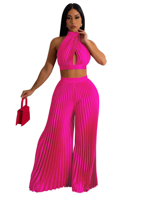 Women's Halter Silk-like Pleated Wide-leg Pants Two-piece Set rose