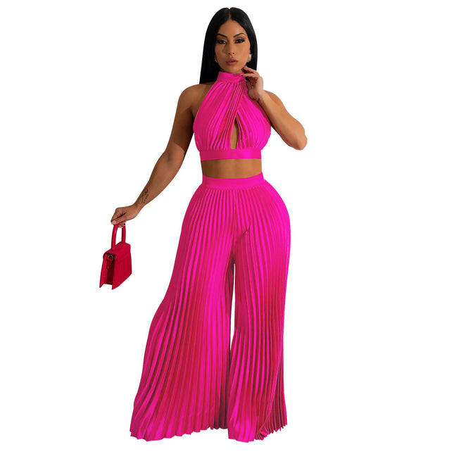 Women's Halter Silk-like Pleated Wide-leg Pants Two-piece Set rose