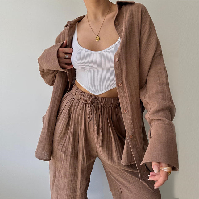 Women's Casual Simple Lapel Long Sleeve Shirt Trousers Suit