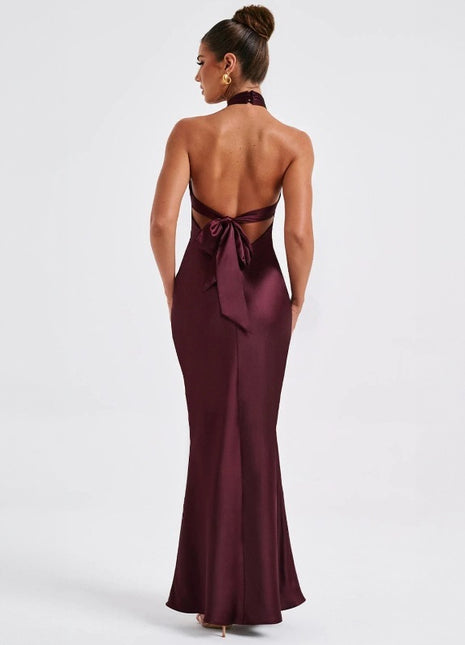 SS Backless Dress Wine red