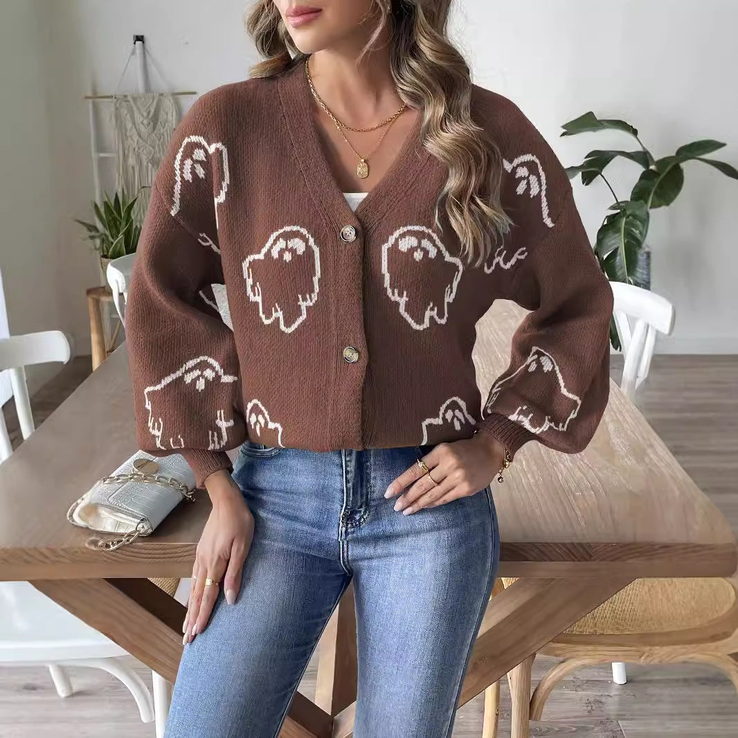Halloween Loose Casual Button Sweater