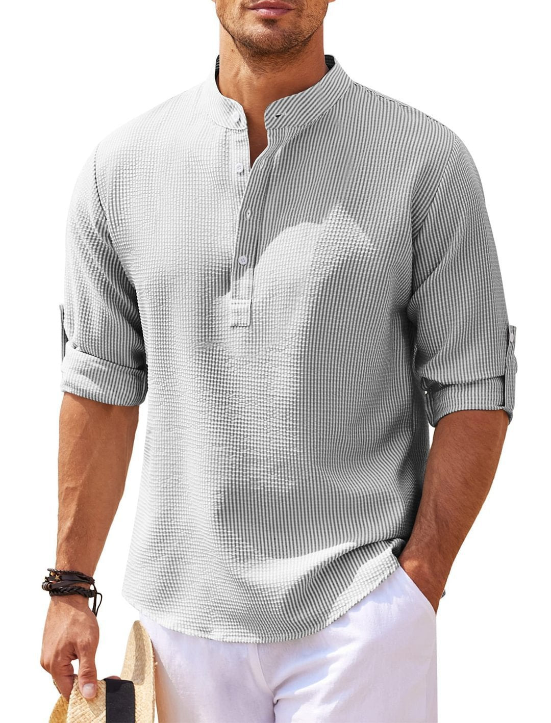 Men's Casual Shirt Long Sleeve Stand Collar Shirt Light Gray