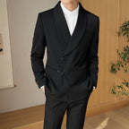 Men's Retro Collar Suit Two-piece Set Black Unlined Top