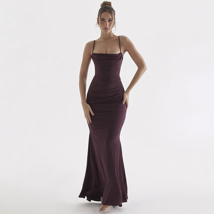 Women's Elegant Fishtail Sling Dress Wine red