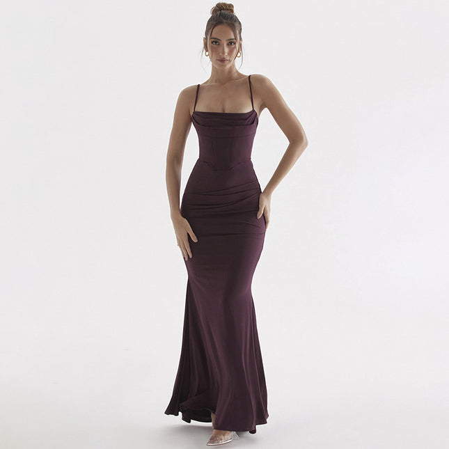 Women's Elegant Fishtail Sling Dress Wine red