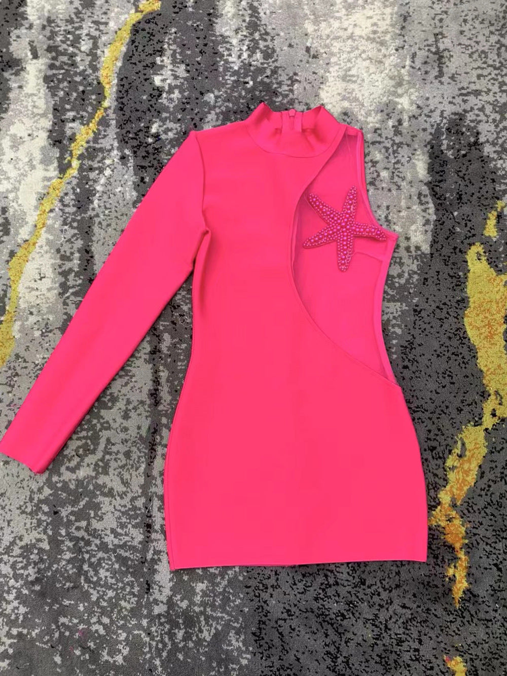 Mesh Five-pointed Star Beaded Bandage One-piece Dress Rose Red