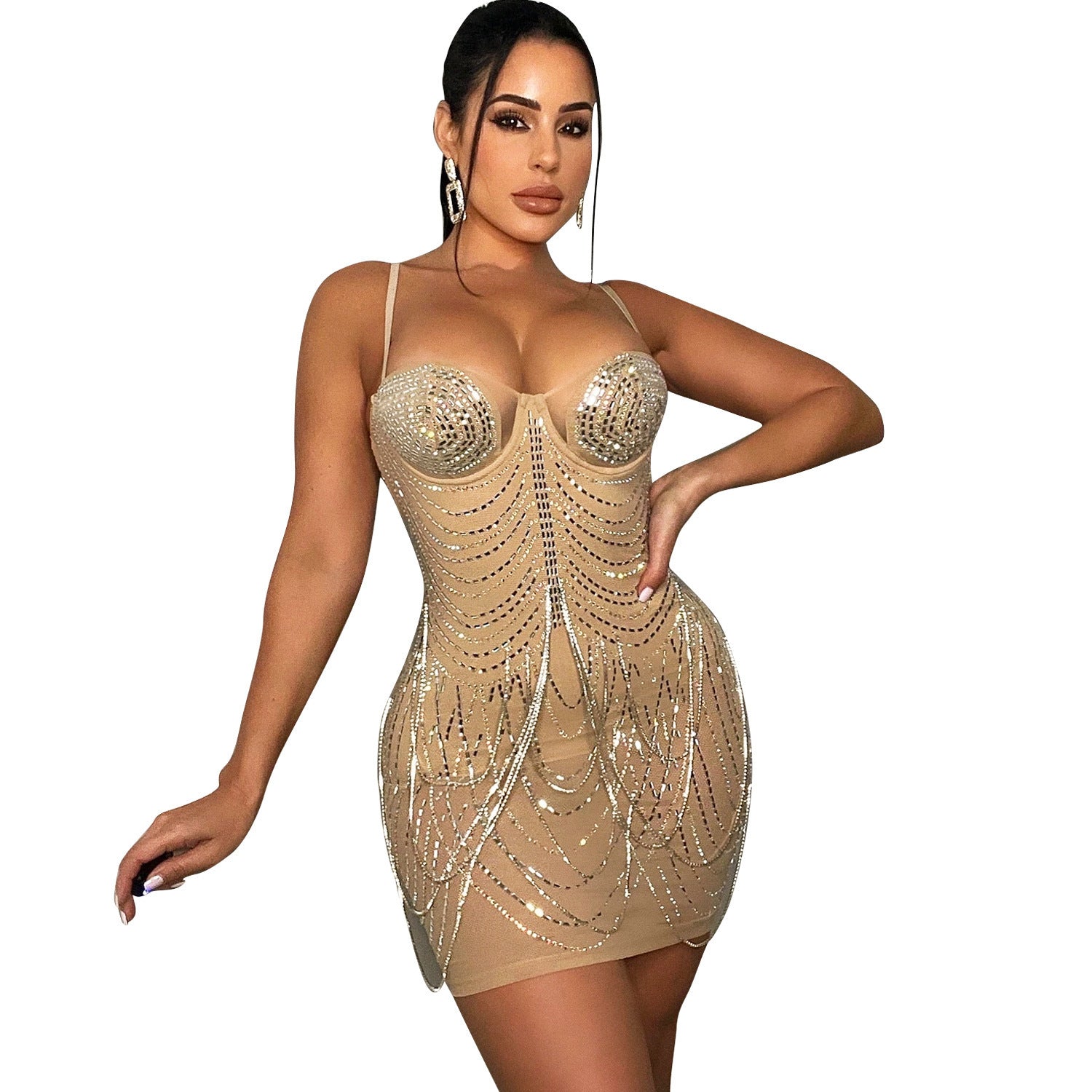Women's Tassel Suspender Party Dress Apricot