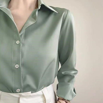 Women's Green Satin Shirt Middle Gray Green