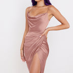 Sexy Slit Satin Dress pink gold