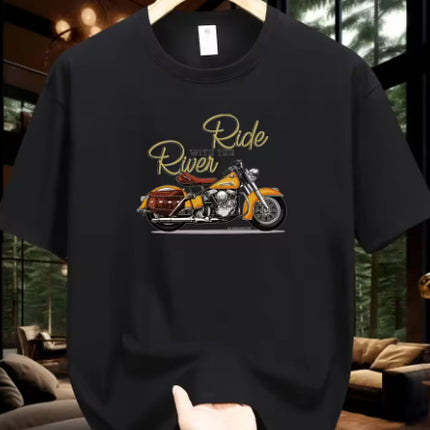 Men's Fashion Casual Motorcycle Pattern Printed T-shirt Black
