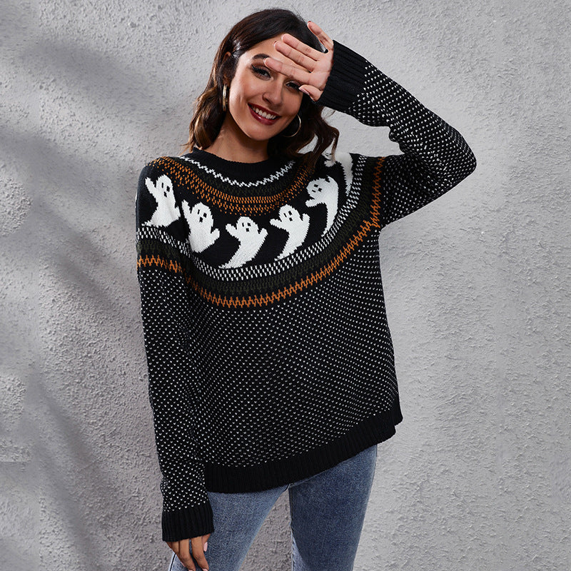 Halloween Cartoon Ghost Polka Dot Pullover Sweater Black