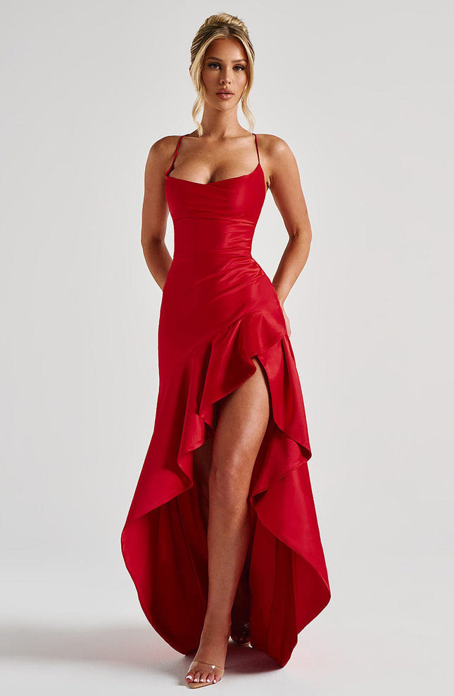 Women's Backless Ruffles Dress Red
