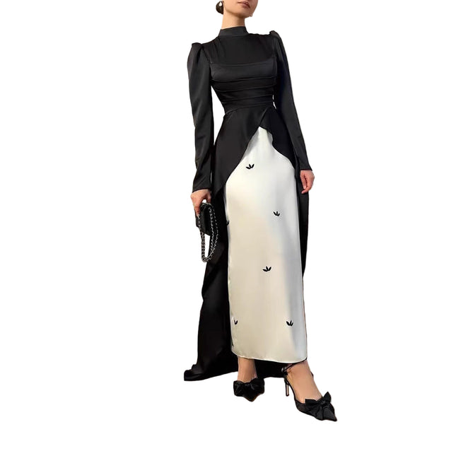 Pleated Stitching Sleeves Dress Black