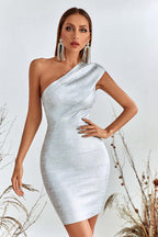 Bronzing Off-shoulder Evening Dress Bandage One-piece Dress Silver