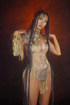 Mesh Stretch Rhinestone Dress Gold