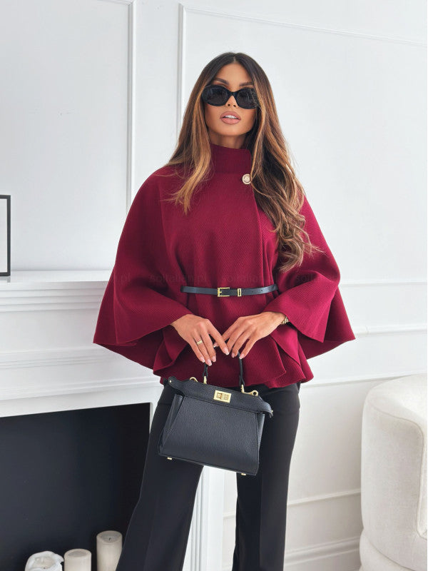 New Batwing Sleeves Cloak Top With Belt Jacket Woolen Wine red