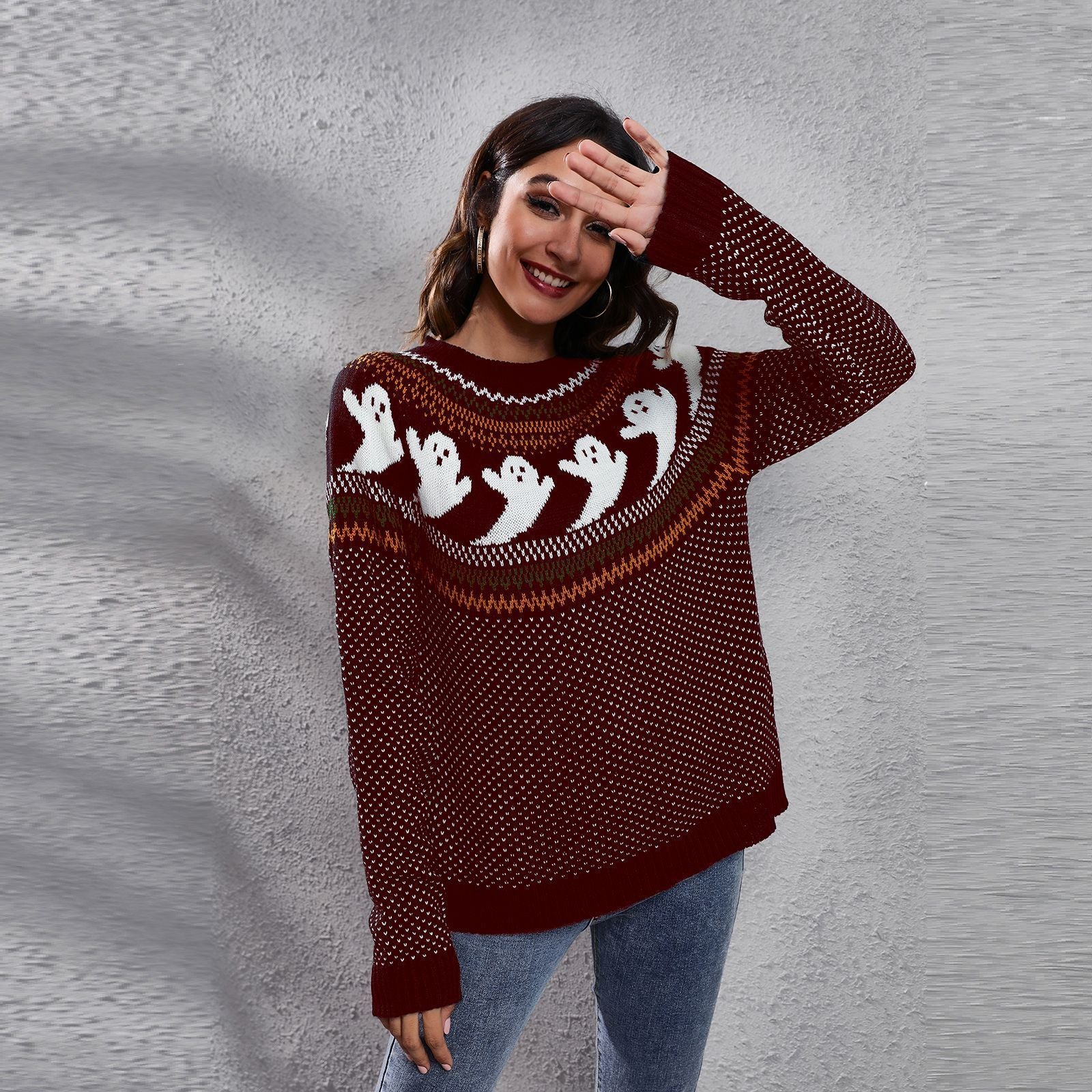 Halloween Cartoon Ghost Polka Dot Pullover Sweater Burgundy