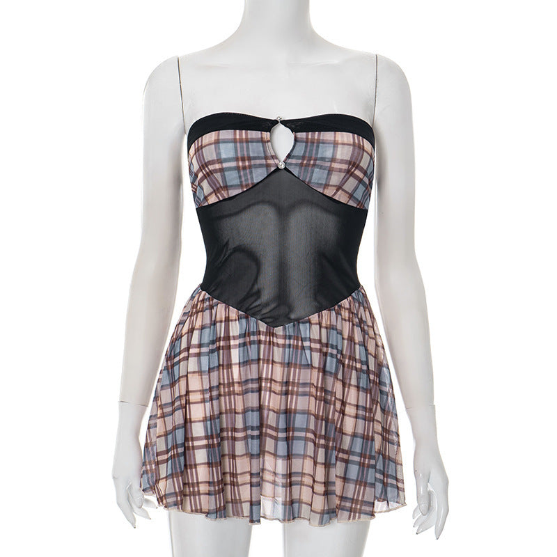 Women's Wear Retro Plaid Off-shoulder Dress Blue