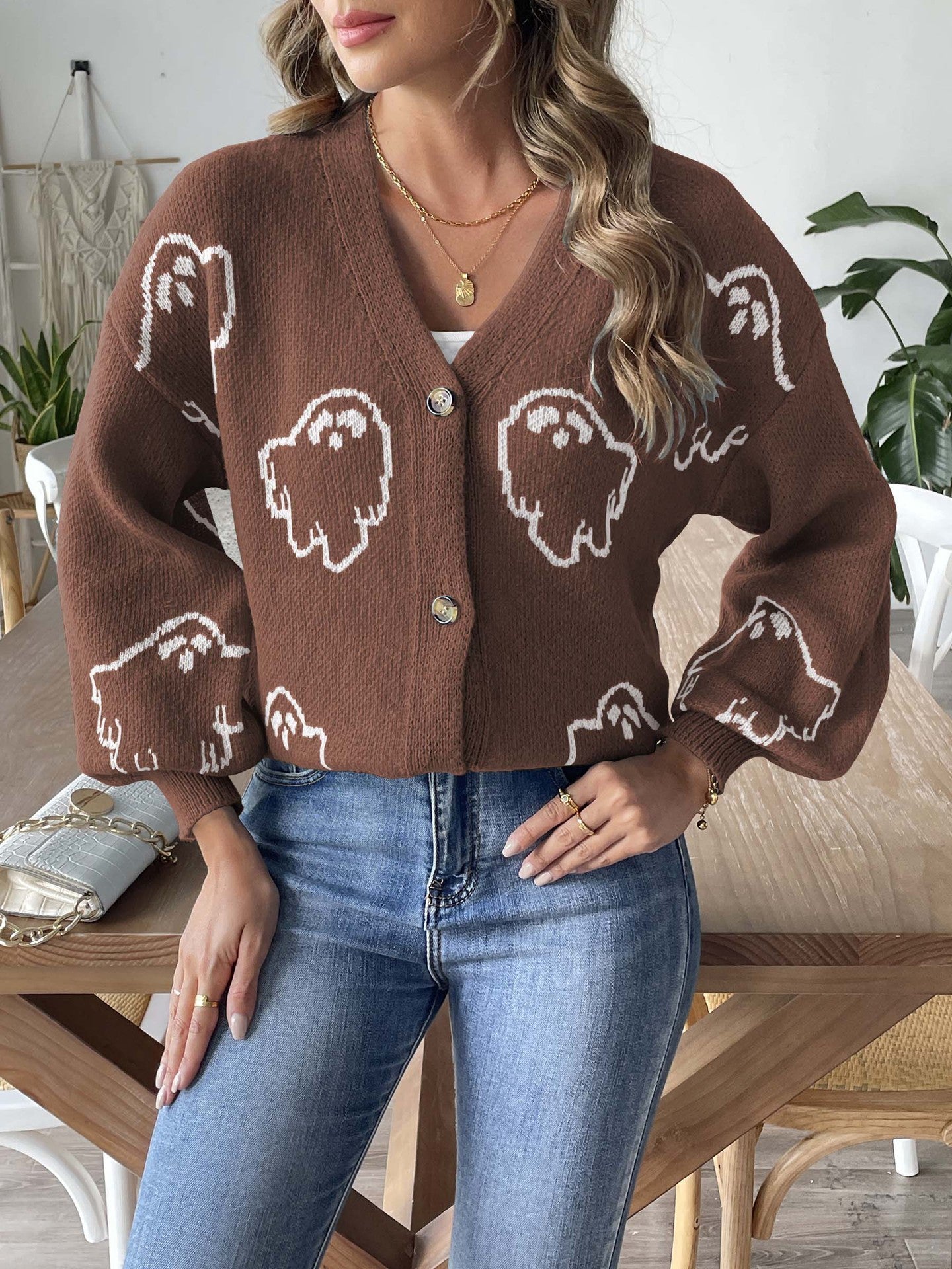 Halloween Loose Casual Button Sweater Coffee