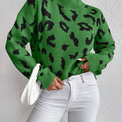 Spring And Autumn Temperament Leopard Print Jacquard Top Green