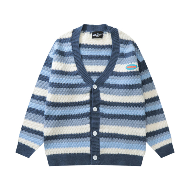 Knitted Striped Crochet Women's Sweater Blue
