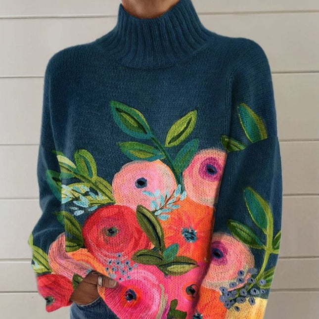 3D Color Matching Printed Turtleneck Sweater Floral