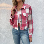 Plaid Lapel Cropped Jacket Rose Red