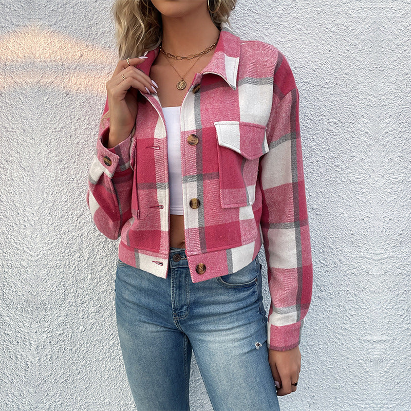 Plaid Lapel Cropped Jacket Rose Red