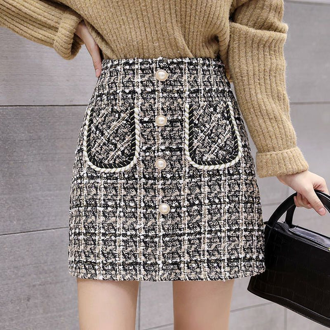 Women's High Waist Plaid Skirt Light Gray