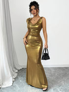 Women's Gold Deep V-neck Backless Slim Fit Long Dress Gold