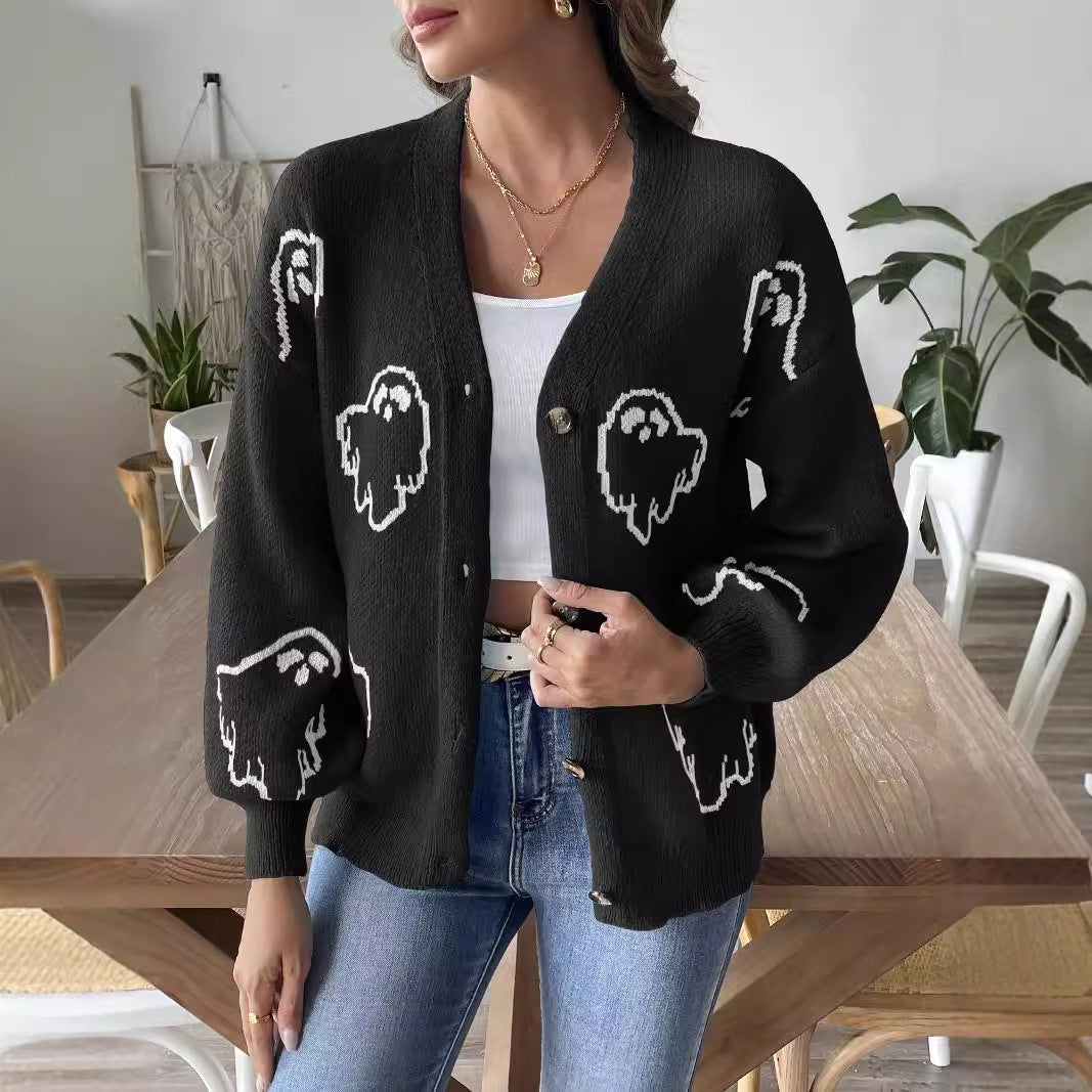 Halloween Loose Casual Button Sweater