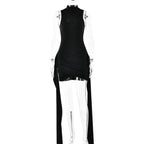 Sleeveless Bodycon Mini Dress With Side Slit & Tie Detail Black with ribbon