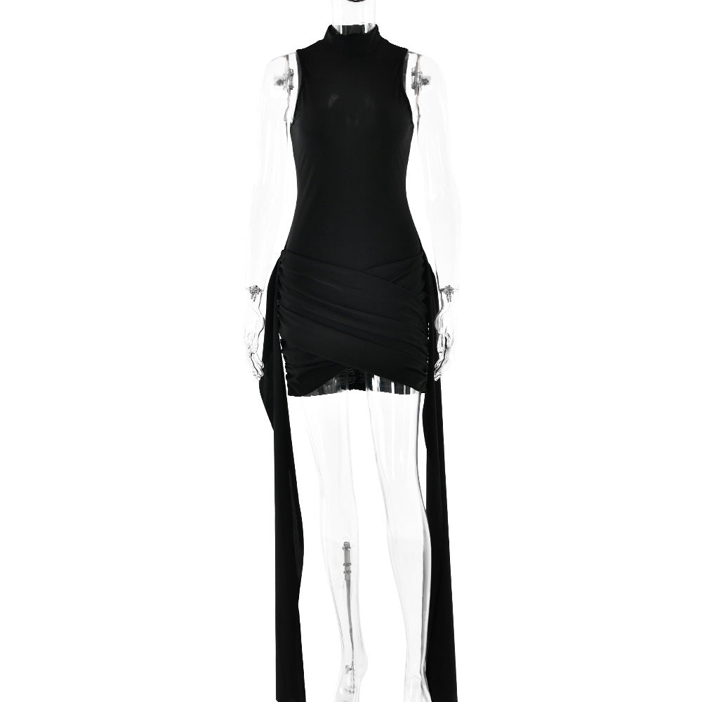 Sleeveless Bodycon Mini Dress With Side Slit & Tie Detail Black with ribbon