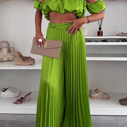Women's Satin Tube Top Wide Leg Pants Suit Dark Green