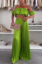Women's Satin Tube Top Wide Leg Pants Suit Dark Green