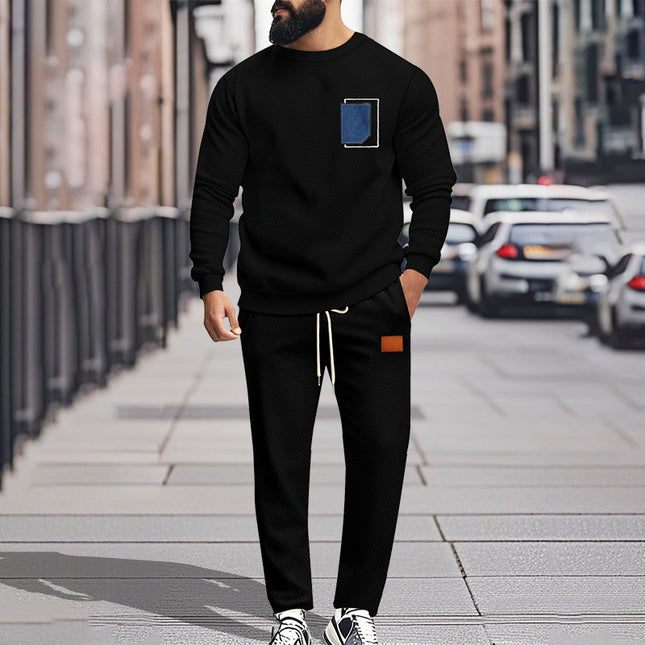 Men's Sport Suit Color Matching Sweater Two-piece X Black