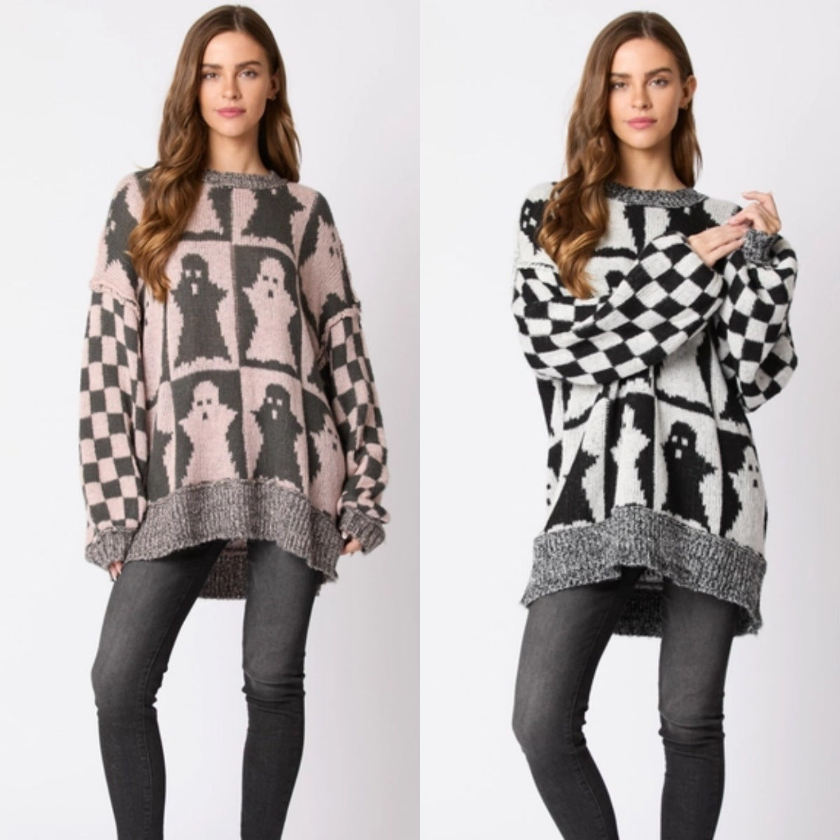 Women's Halloween Ghost Plaid Crew Neck Sweater
